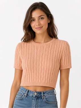 Bluesteel Peach Cable Knit Cropped Short Sleeve Sweater Size Large (G) Brazil